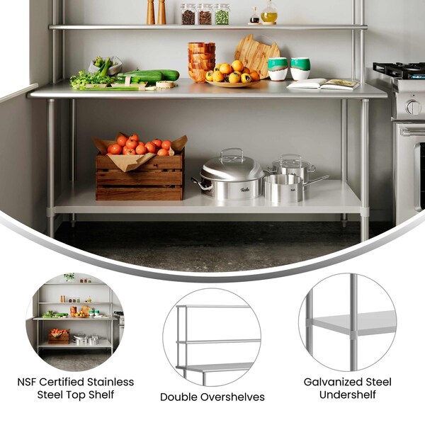 Flash Furniture Reader Work Table, 18 Gauge Stainless Steel Top Shelf and Double Overshelves and Undershelf - NH-WT-3072-OSH-GG