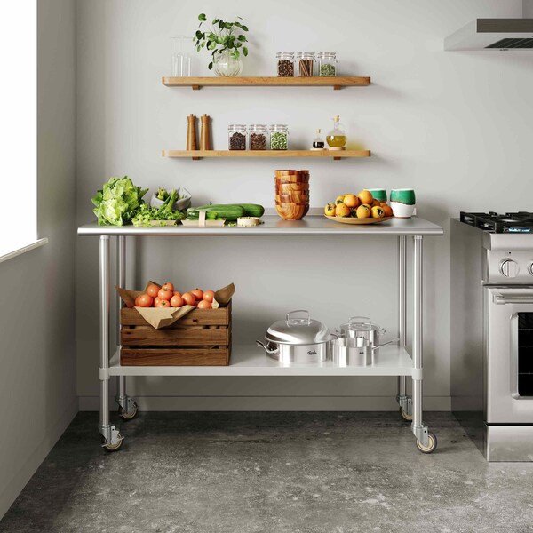 Flash Furniture Reese Work Table, 18 Gauge Stainless Steel Top Shelf, Undershelf and 4 Casters w/2 Locking - NH-WT-2460-CAS-GG