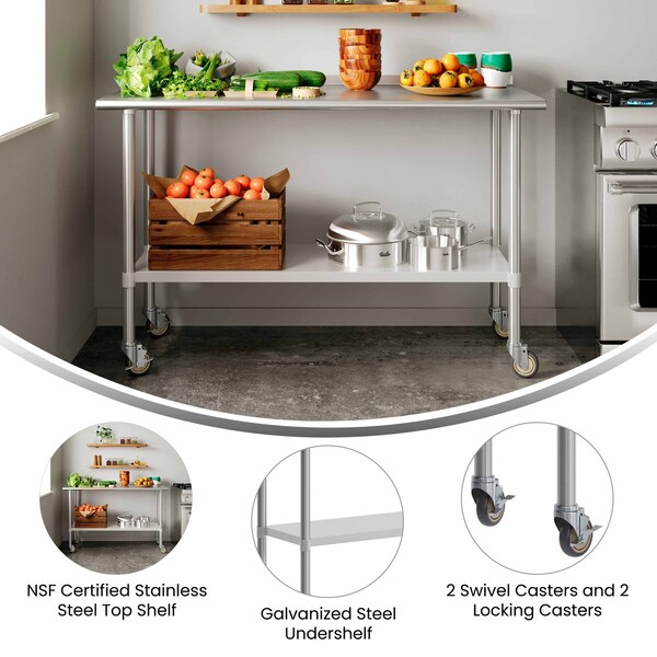 Flash Furniture Reese Work Table, 18 Gauge Stainless Steel Top Shelf, Undershelf and 4 Casters w/2 Locking - NH-WT-2460-CAS-GG