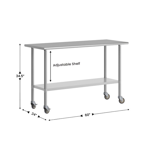 Flash Furniture Reese Work Table, 18 Gauge Stainless Steel Top Shelf, Undershelf and 4 Casters w/2 Locking - NH-WT-2460-CAS-GG