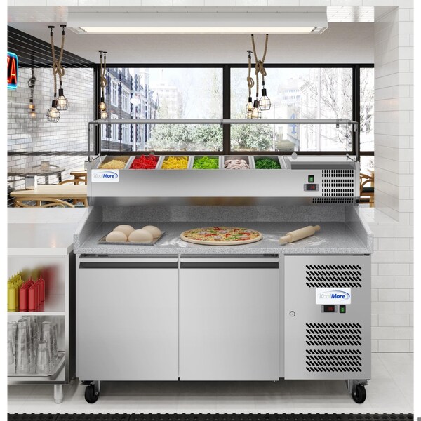 Koolmore 59 in. Two-Door Refrigerated Granite Top Pizza Prep Station with Refrigerated Condiment Pan Holder - KM-RPCPS-2D59-GRT