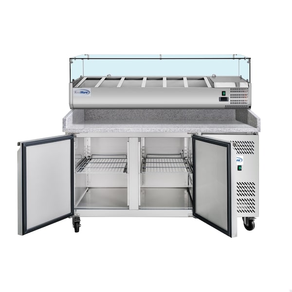 Koolmore 59 in. Two-Door Refrigerated Granite Top Pizza Prep Station with Refrigerated Condiment Pan Holder - KM-RPCPS-2D59-GRT
