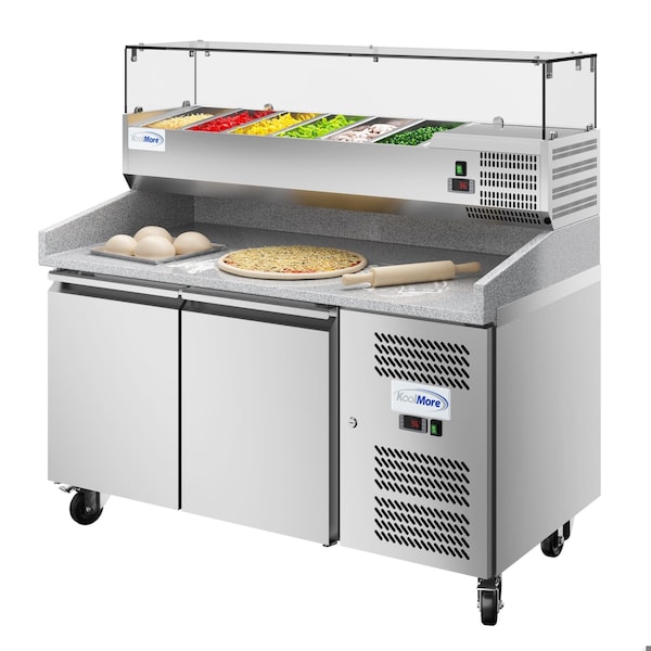 Koolmore 59 in. Two-Door Refrigerated Granite Top Pizza Prep Station with Refrigerated Condiment Pan Holder - KM-RPCPS-2D59-GRT