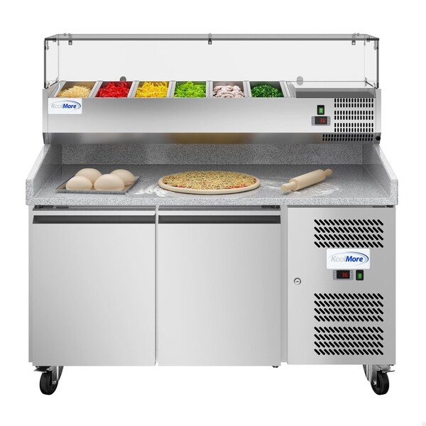 Koolmore 59 in. Two-Door Refrigerated Granite Top Pizza Prep Station with Refrigerated Condiment Pan Holder - KM-RPCPS-2D59-GRT