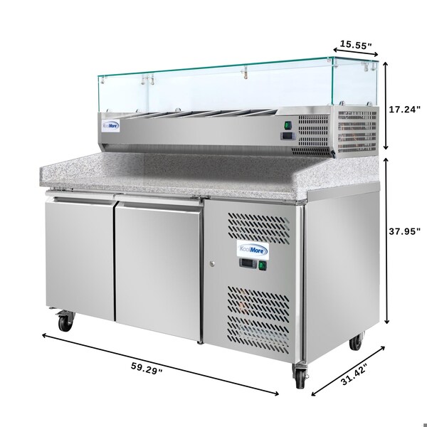 Koolmore 59 in. Two-Door Refrigerated Granite Top Pizza Prep Station with Refrigerated Condiment Pan Holder - KM-RPCPS-2D59-GRT