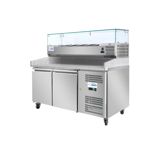Koolmore 59 in. Two-Door Refrigerated Granite Top Pizza Prep Station with Refrigerated Condiment Pan Holder - KM-RPCPS-2D59-GRT
