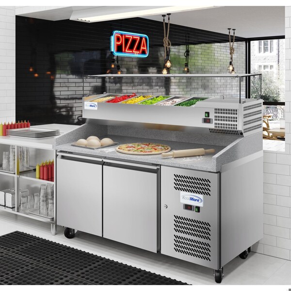 Koolmore 59 in. Two-Door Refrigerated Granite Top Pizza Prep Station with Refrigerated Condiment Pan Holder - KM-RPCPS-2D59-GRT