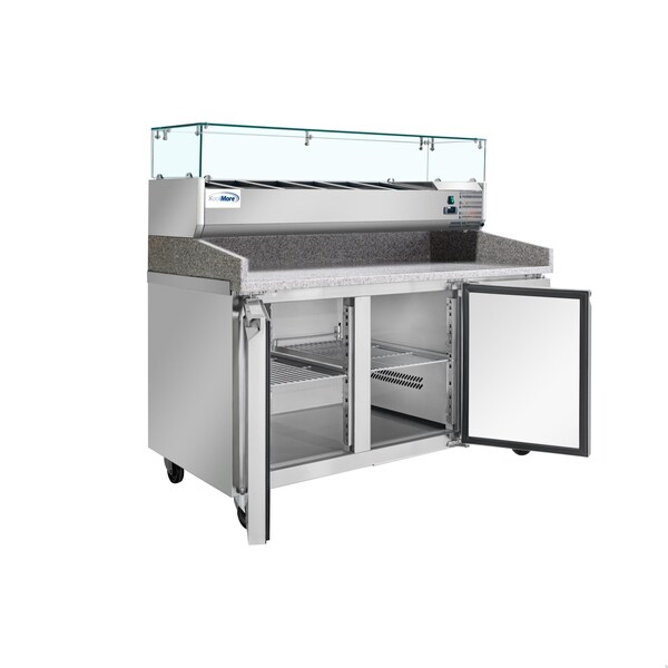 Koolmore 59 in. Two-Door Refrigerated Granite Top Pizza Prep Station with Refrigerated Condiment Pan Holder - KM-RPCPS-2D59-GRT