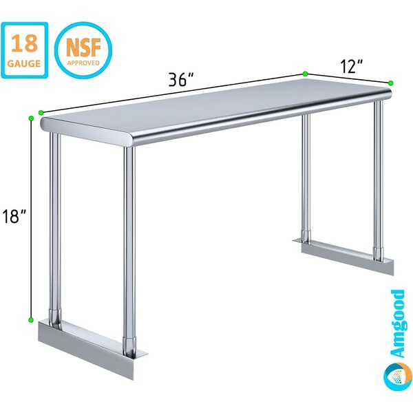Amgood Stainless Steel Single Overshelf for 36 in. Long Prep Table. 12 in. x 36 in. x 18 in. - SOS-1236-Z