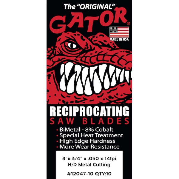 Gator Reciprocating Saw Blade 8 in. x 3/4 in. x 14pi #12047-10, Heavy Duty Metal Cutting, 10PK - 12047-10