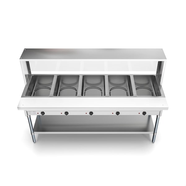 Koolmore Five Pan Open Well Electric Steam Table with Undershelf and Sneeze-Guard, 240V, . - KM-OWS-5SG