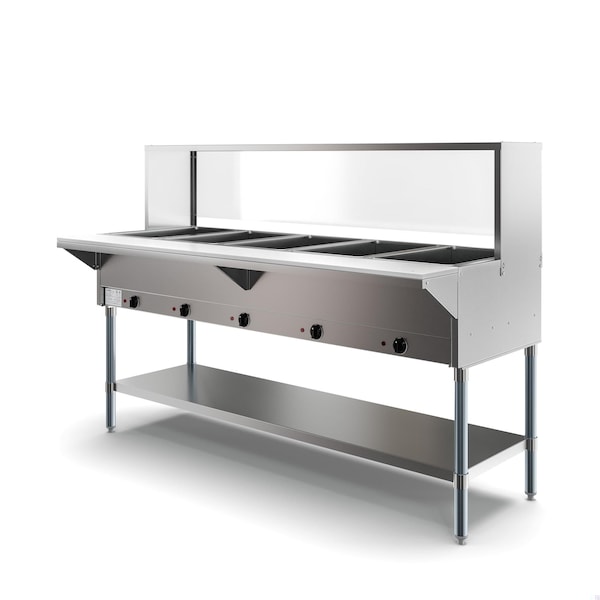 Koolmore Five Pan Open Well Electric Steam Table with Undershelf and Sneeze-Guard, 240V, . - KM-OWS-5SG