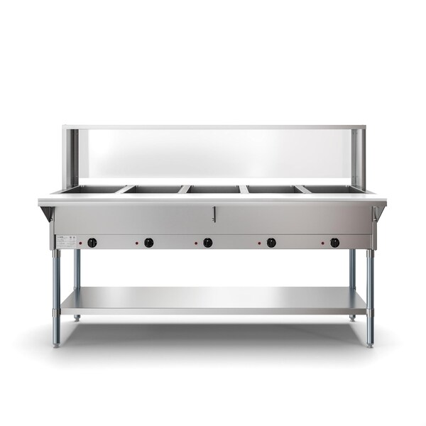 Koolmore Five Pan Open Well Electric Steam Table with Undershelf and Sneeze-Guard, 240V, . - KM-OWS-5SG