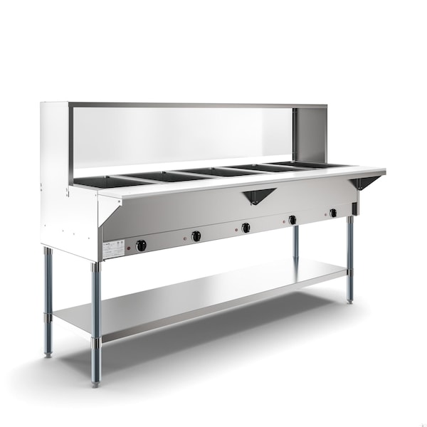 Koolmore Five Pan Open Well Electric Steam Table with Undershelf and Sneeze-Guard, 240V, . - KM-OWS-5SG