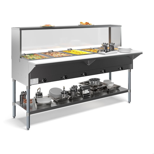 Koolmore Five Pan Open Well Electric Steam Table with Undershelf and Sneeze-Guard, 240V, . - KM-OWS-5SG
