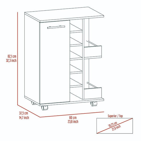 Tuhome Bar Cart, Two External Shelves, Four Casters, Six Built-in Wine Rack, Single Door Cabinet, Black - MLW5542
