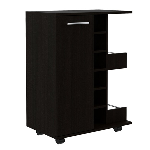 Tuhome Bar Cart, Two External Shelves, Four Casters, Six Built-in Wine Rack, Single Door Cabinet, Black - MLW5542