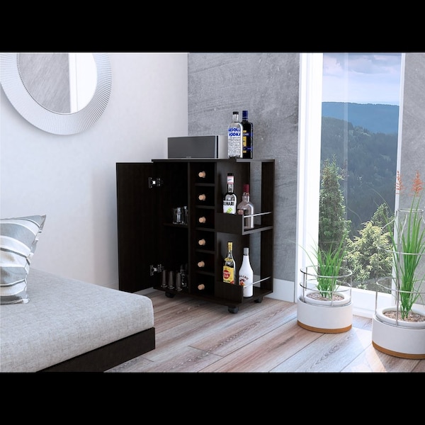 Tuhome Bar Cart, Two External Shelves, Four Casters, Six Built-in Wine Rack, Single Door Cabinet, Black - MLW5542