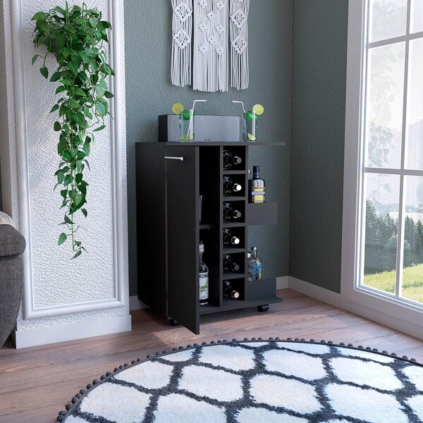 Tuhome Bar Cart, Two External Shelves, Four Casters, Six Built-in Wine Rack, Single Door Cabinet, Black - MLW5542