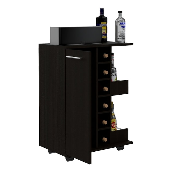 Tuhome Bar Cart, Two External Shelves, Four Casters, Six Built-in Wine Rack, Single Door Cabinet, Black - MLW5542