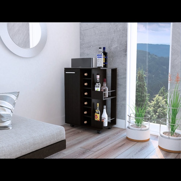 Tuhome Bar Cart, Two External Shelves, Four Casters, Six Built-in Wine Rack, Single Door Cabinet, Black - MLW5542