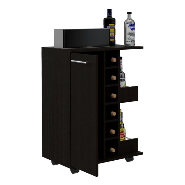 Tuhome Bar Cart, Two External Shelves, Four Casters, Six Built-in Wine Rack, Single Door Cabinet, Black - MLW5542
