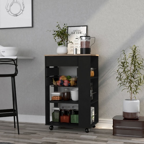 Tuhome Blosson Kitchen Cart, One Drawer, Two Open Shelves, Four Casters, Black/Light Oak - OWD6767