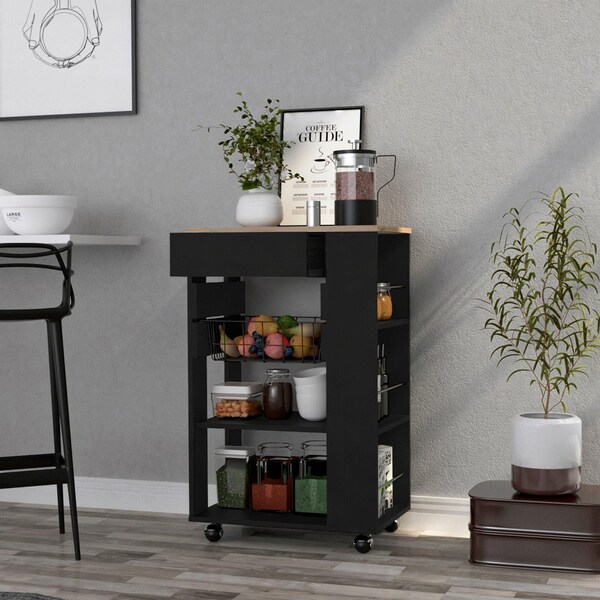 Tuhome Blosson Kitchen Cart, One Drawer, Two Open Shelves, Four Casters, Black/Light Oak - OWD6767