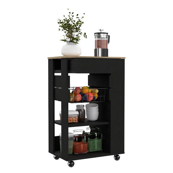 Tuhome Blosson Kitchen Cart, One Drawer, Two Open Shelves, Four Casters, Black/Light Oak - OWD6767