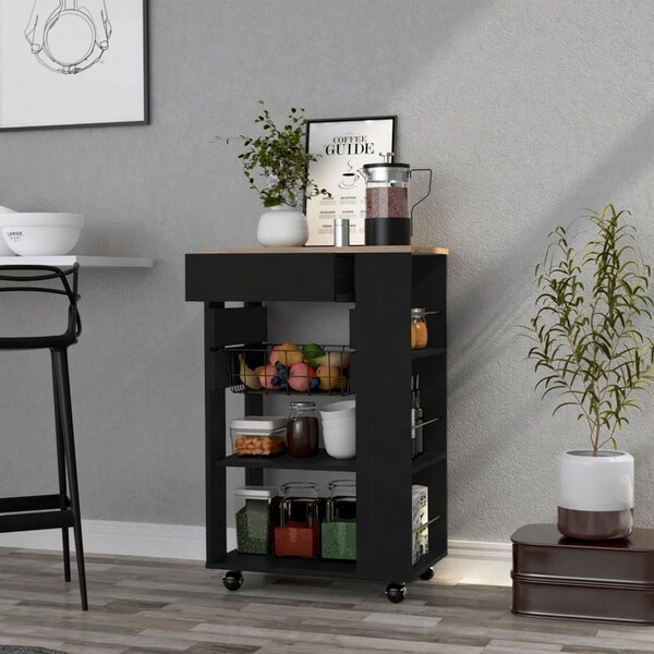 Tuhome Blosson Kitchen Cart, One Drawer, Two Open Shelves, Four Casters, Black/Light Oak - OWD6767