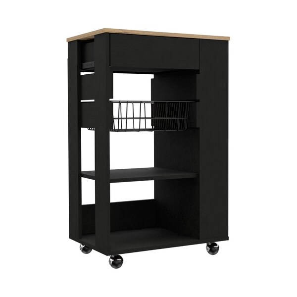 Tuhome Blosson Kitchen Cart, One Drawer, Two Open Shelves, Four Casters, Black/Light Oak - OWD6767