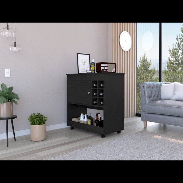 Tuhome Camelia Bar Cart, Lower Panel, Six Bottle Cubbies, One Cabinet, Black - BLW7117