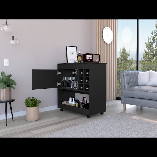 Tuhome Camelia Bar Cart, Lower Panel, Six Bottle Cubbies, One Cabinet, Black - BLW7117