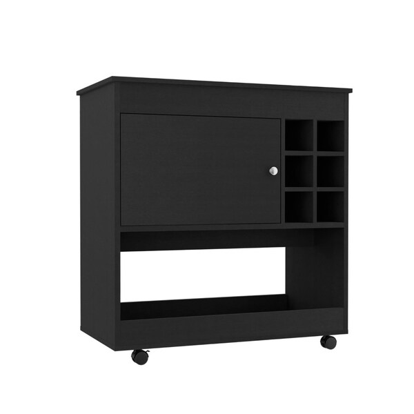 Tuhome Camelia Bar Cart, Lower Panel, Six Bottle Cubbies, One Cabinet, Black - BLW7117