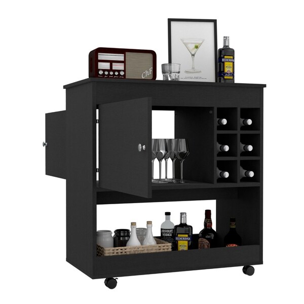 Tuhome Camelia Bar Cart, Lower Panel, Six Bottle Cubbies, One Cabinet, Black - BLW7117