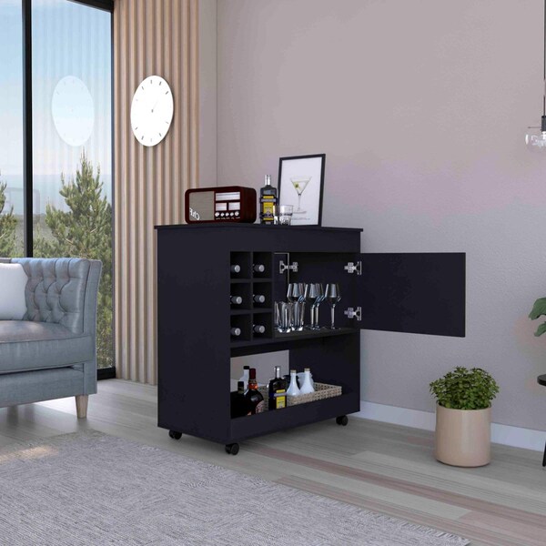Tuhome Camelia Bar Cart, Lower Panel, Six Bottle Cubbies, One Cabinet, Black - BLW7117