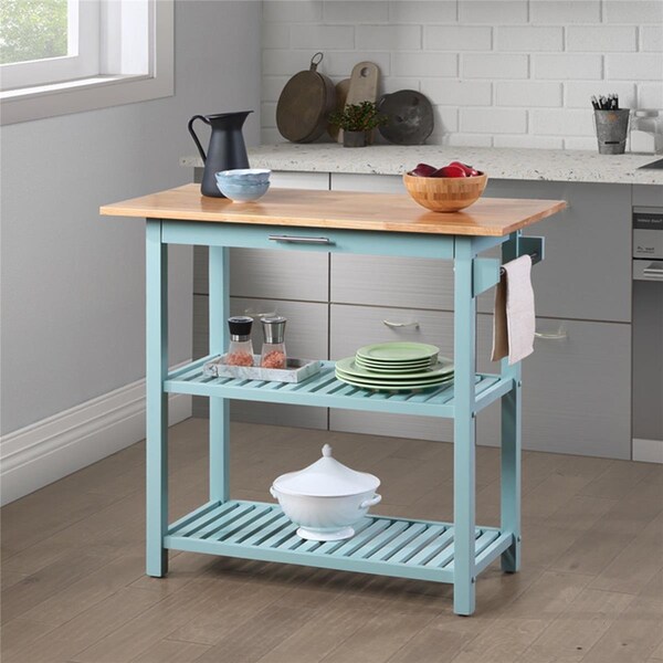 Convenience Concepts Designs2Go 3 Tier Butcher Block Prep Island Kitchen Cart with Drawer, Sea Foam Blue - HI2821934