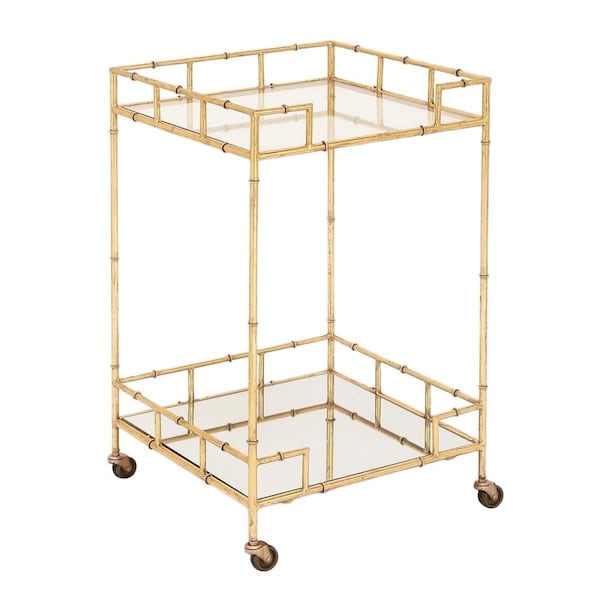 Houshtec Dba Distinow Urban Designs  Gold Leaf 2-Shelf Square Metal Mirror Mobile Bar Cart - 30 x 18 x 18 in. - 7727556