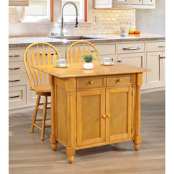 Sunset Trading Drop Leaf Kitchen Island Set with 2 Swivel Stools Drawers & Storage, Light Oak, 3PK - DLU-KI-4222-B24-LO3PC