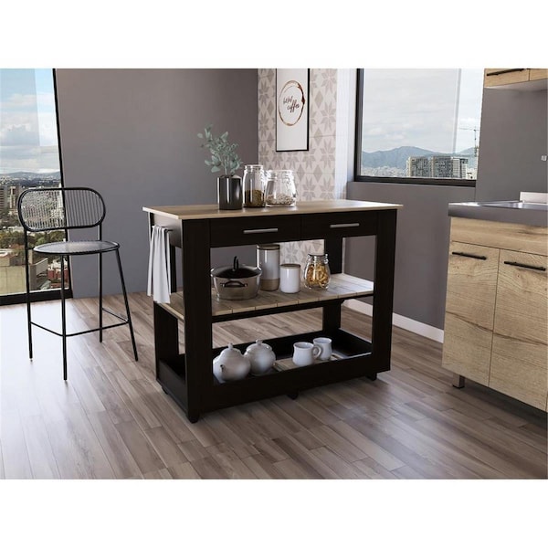 Depot E-Shop 46 in. Delos Kitchen Island, White, Black & Light Oak - DE-AWD5779