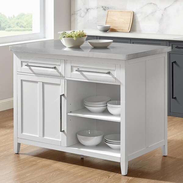 Silvia 36.5 x 46 x 46 in. Stainless Steel Top Kitchen Island, White - KF30080SS-WH