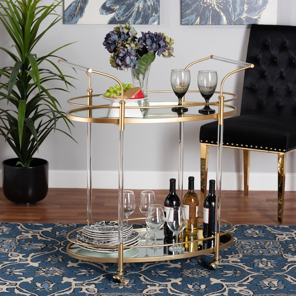 Baxton Studio Nakano Contemporary Glam and Luxe Gold Metal and Mirrored Glass 2Tier Wine Cart - 221-12526-ZORO