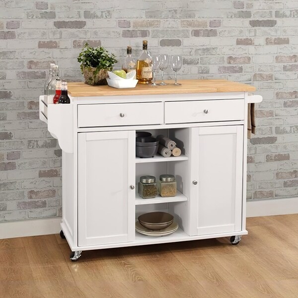 Acme 2-Drawer Wooden Mobile Kitchen Island in Natural and White - ER-0262WH