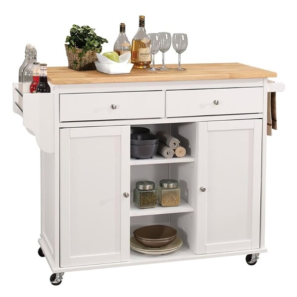 Acme 2-Drawer Wooden Mobile Kitchen Island in Natural and White - ER-0262WH