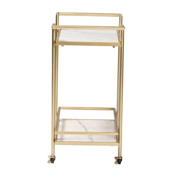 Baxton Studio Louise Contemporary Glam and Luxe Gold Metal and White Marble 2Tier Wine Cart - 222-12528-ZORO