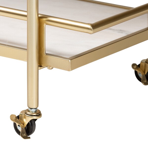 Baxton Studio Louise Contemporary Glam and Luxe Gold Metal and White Marble 2Tier Wine Cart - 222-12528-ZORO