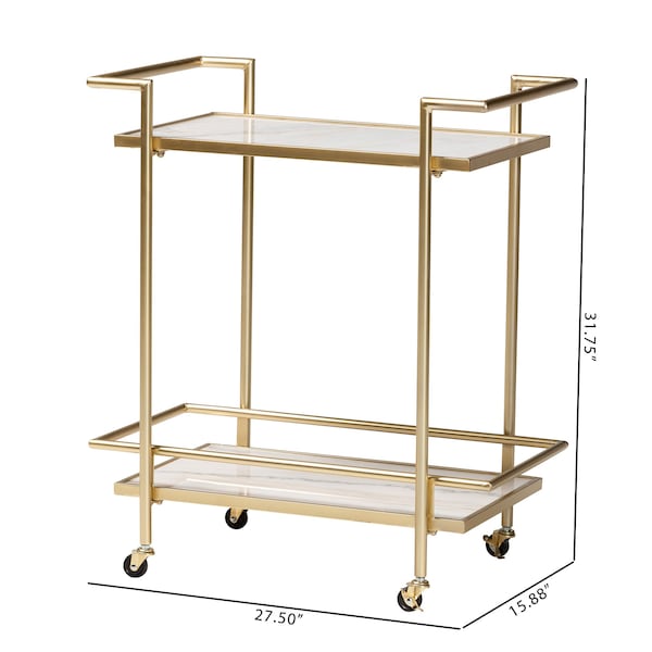 Baxton Studio Louise Contemporary Glam and Luxe Gold Metal and White Marble 2Tier Wine Cart - 222-12528-ZORO