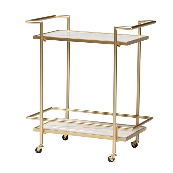 Baxton Studio Louise Contemporary Glam and Luxe Gold Metal and White Marble 2Tier Wine Cart - 222-12528-ZORO