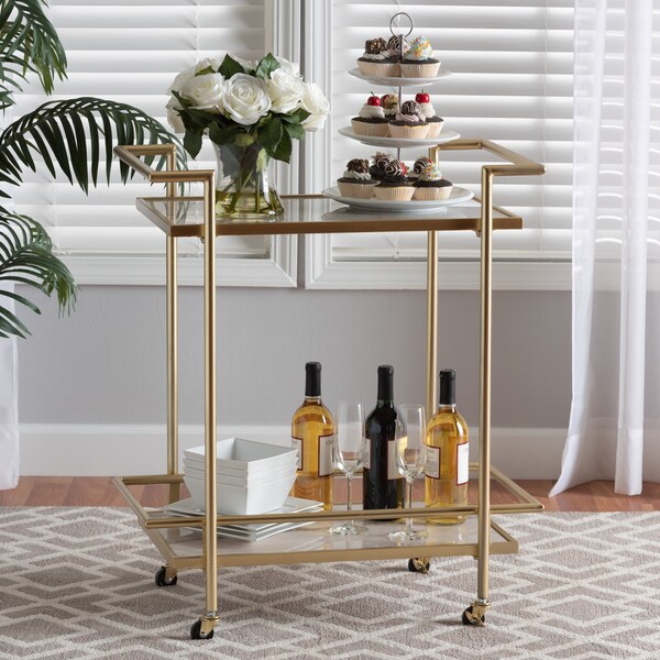 Baxton Studio Louise Contemporary Glam and Luxe Gold Metal and White Marble 2Tier Wine Cart - 222-12528-ZORO