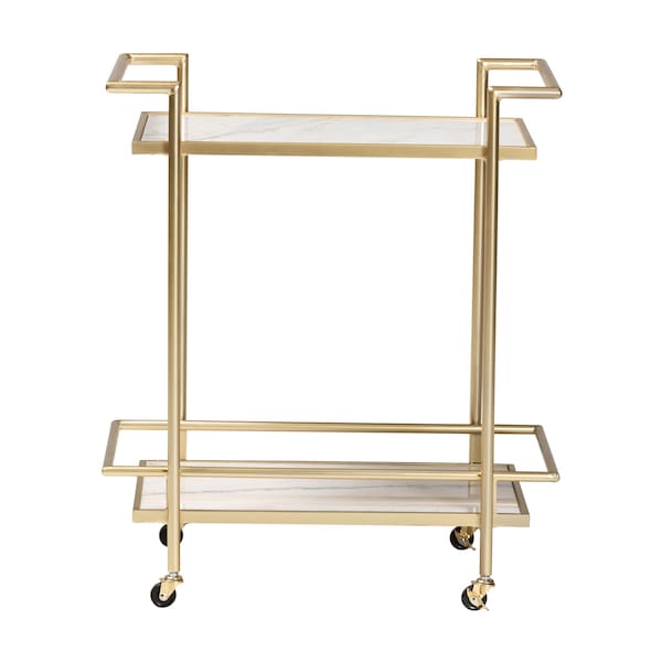 Baxton Studio Louise Contemporary Glam and Luxe Gold Metal and White Marble 2Tier Wine Cart - 222-12528-ZORO